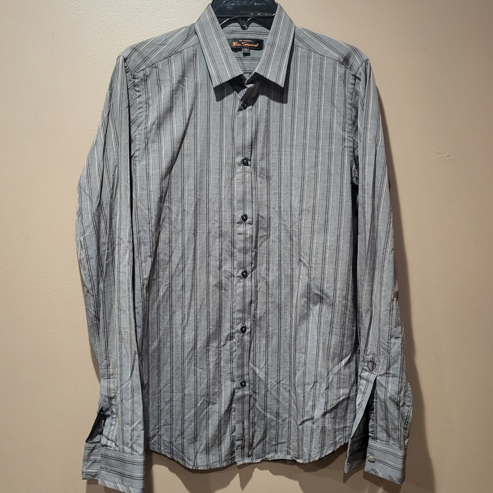 Ben Sherman Light Gray and White Striped Button-Down Shirt